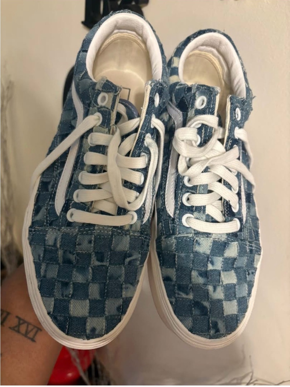 Kids Blue Checkered Denim Lace-Up Sneakers
